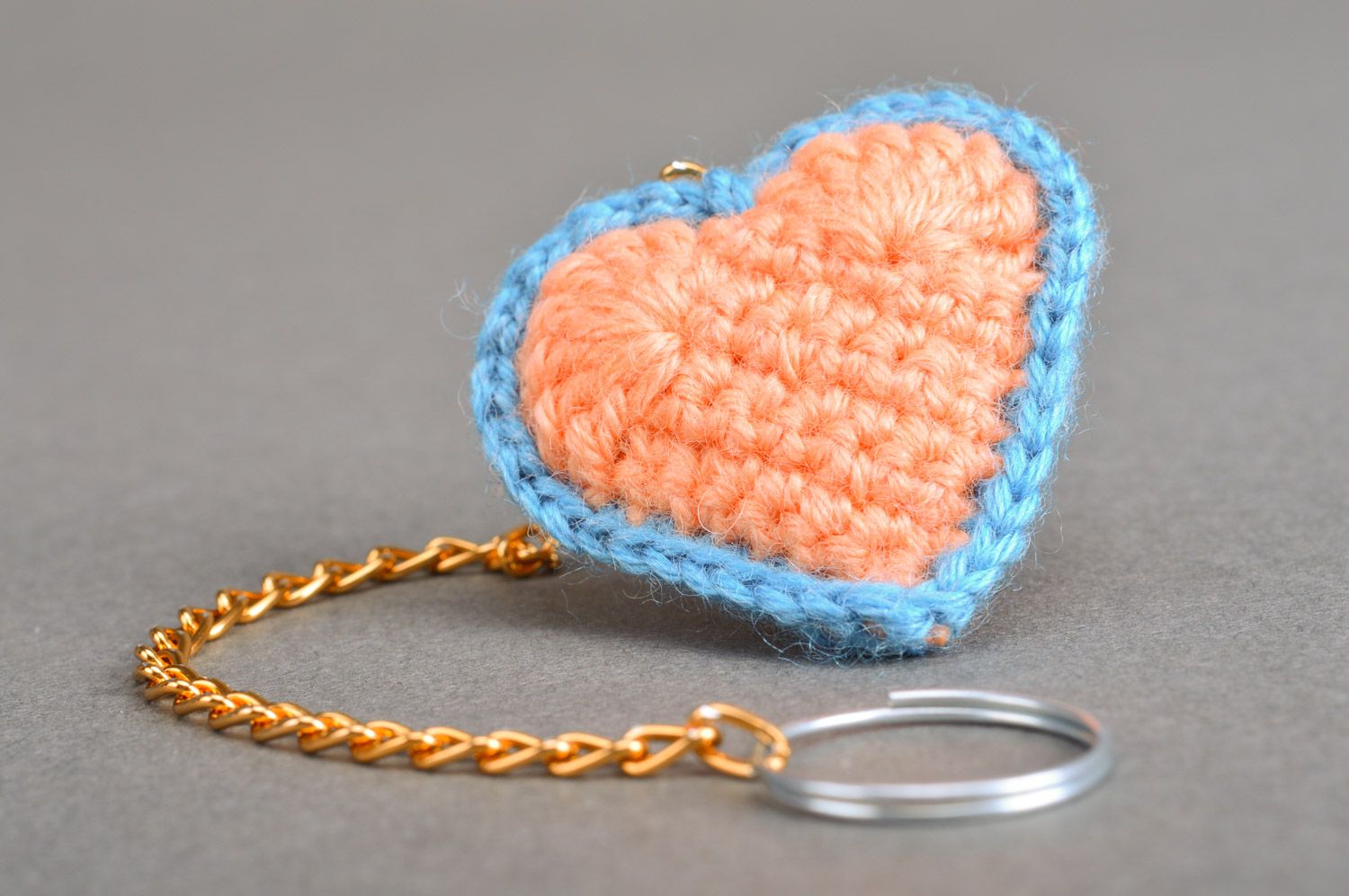 Handmade cute heart-shaped keychain crocheted of semi-woolen peach threads photo 5