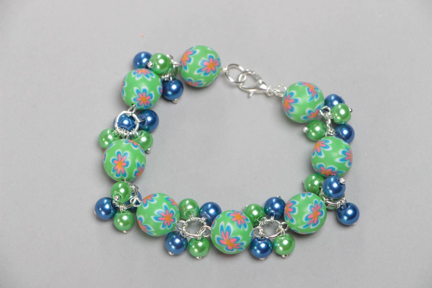 Green and blue handmade stylish children's polymer clay bracelet with charms photo 3