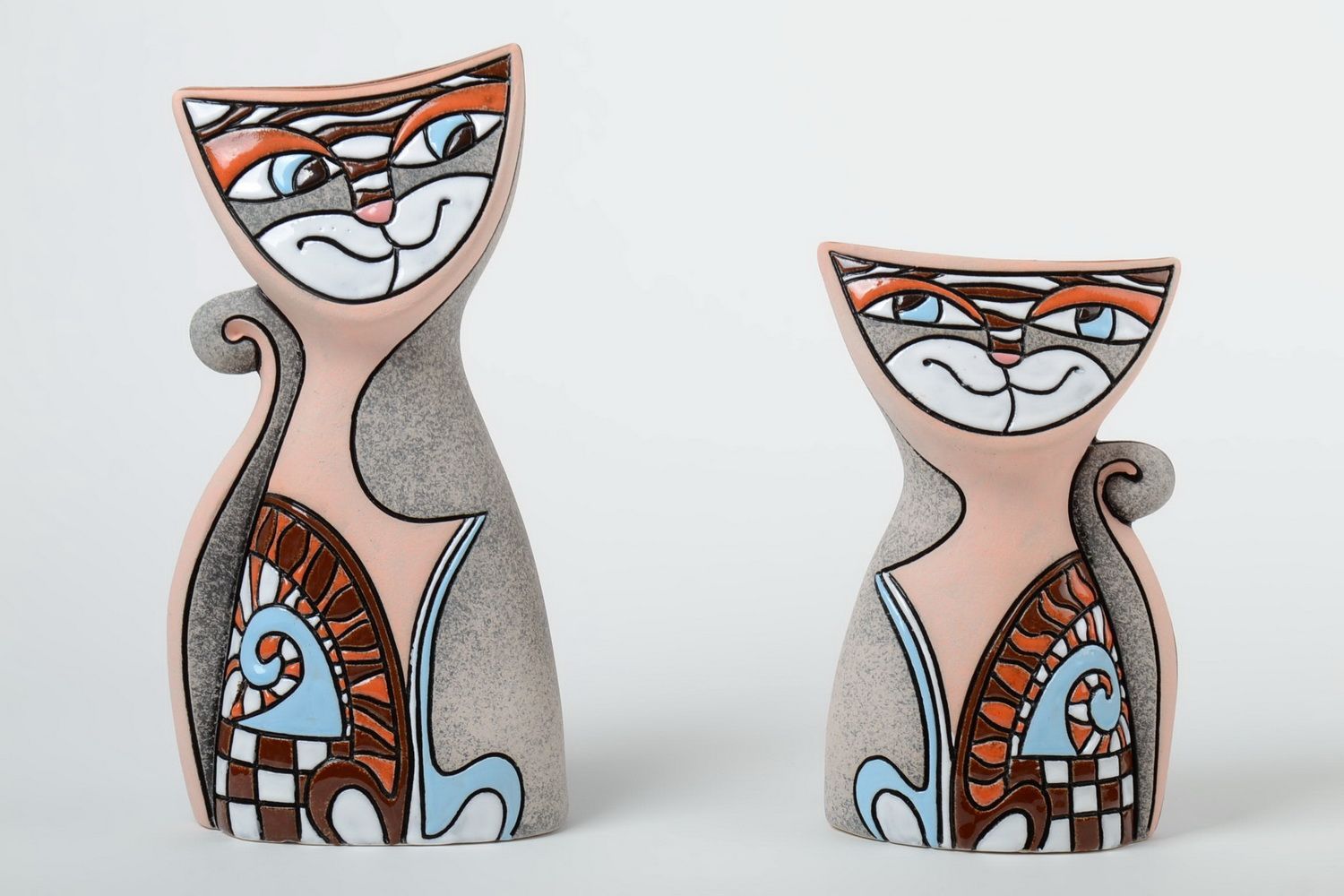 Dekorative Vasen aus Ton in Form der Katzen 2 Stück Künstler Handarbeit schön foto 2