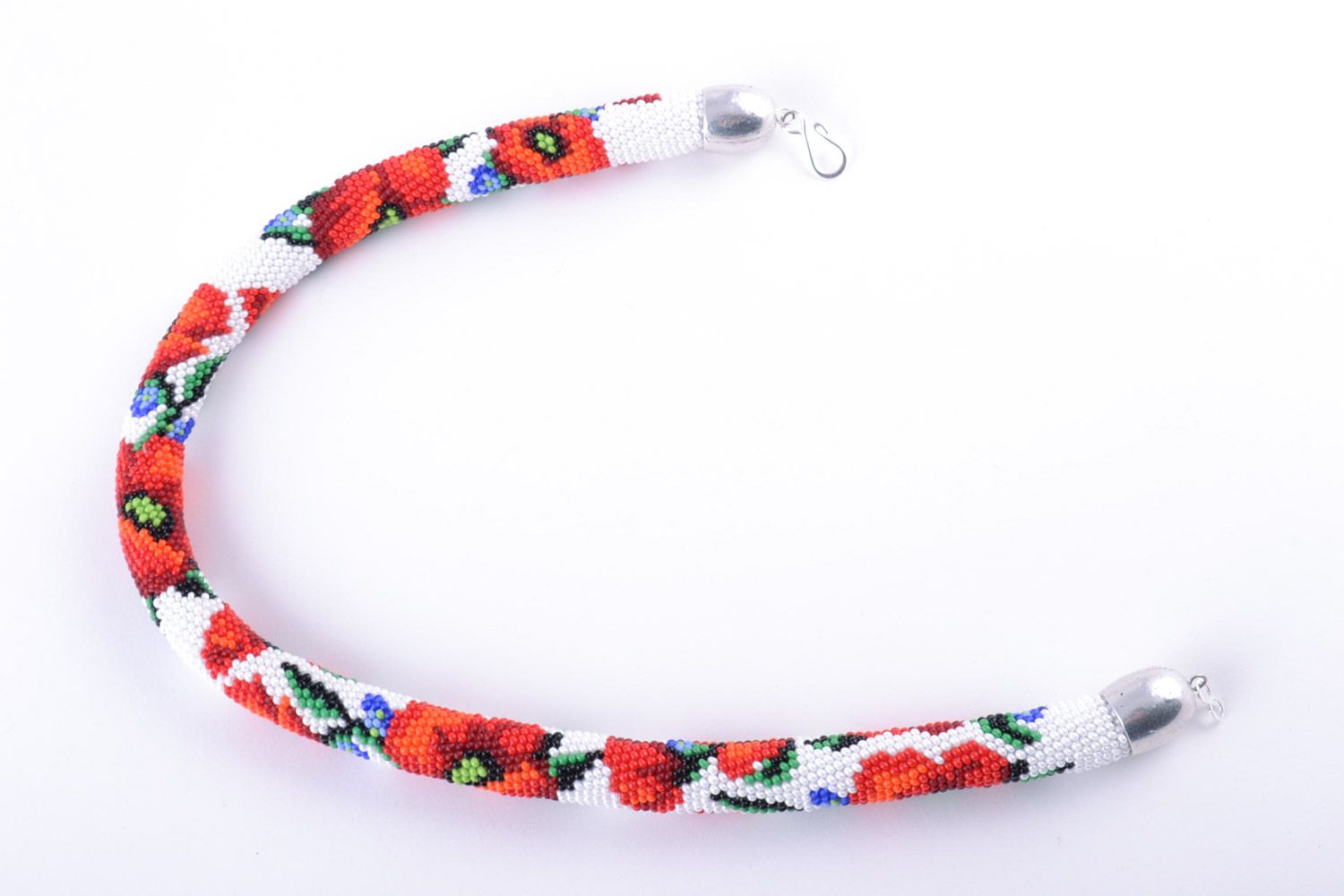 Beautiful handmade Czech bead cord necklace of white color with red poppies photo 4