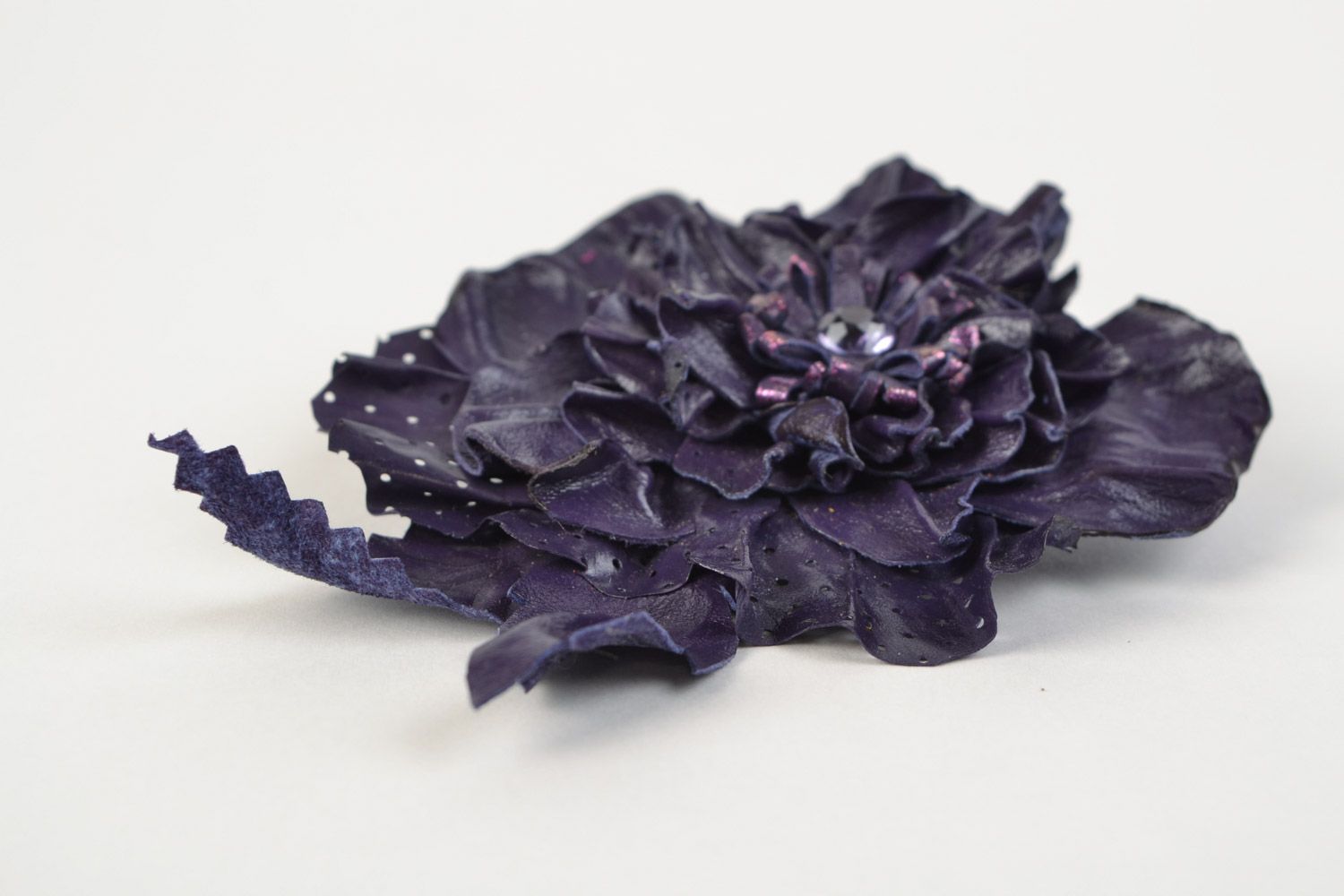 Handmade purple leather brooch in the shape of a flower made using the technique of corrugating photo 5
