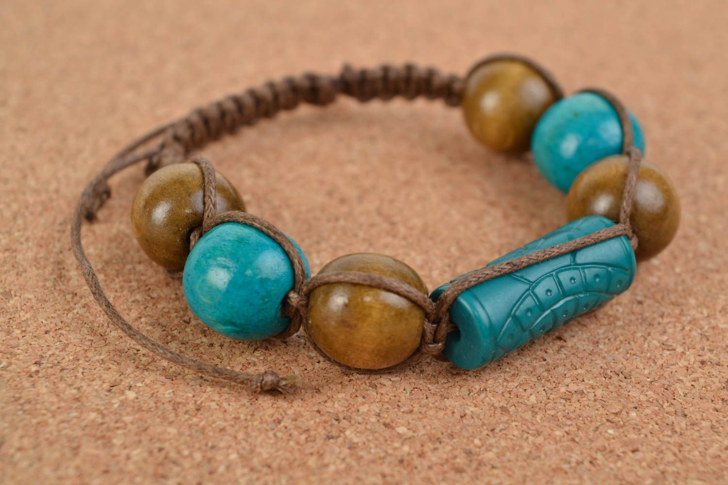 Handmade women's woven cotton cord wrist bracelet with wooden beads photo 2