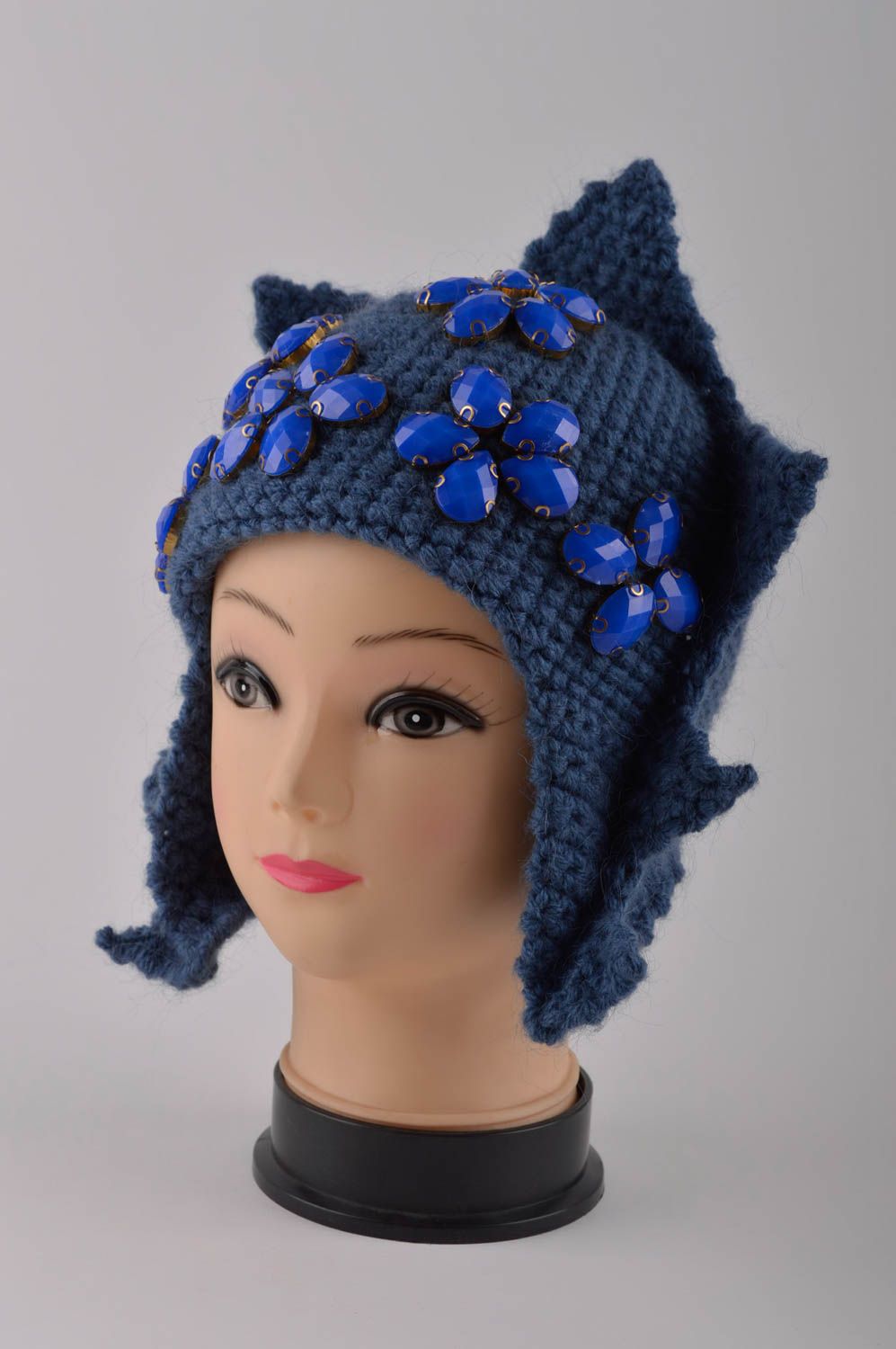 Вязаная шапочка из шерсти ручной работы женская шапка синяя шерстяная шапка фото 2