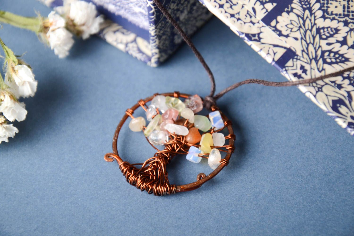 Handmade pendant designer accessory copper jewelry pendant with natural stones photo 1