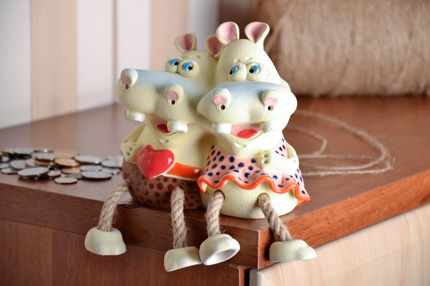 Tirelire en céramique faite main Couple d'hippopotames photo 3