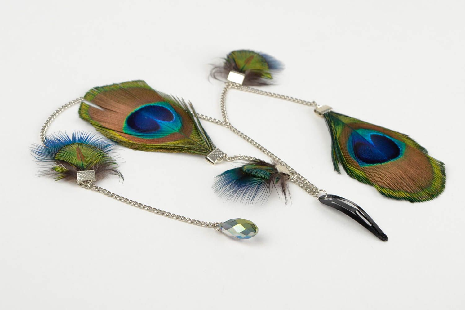 Handmade peacock feather hair accessory unique designer jewelry stylish hair pin photo 5