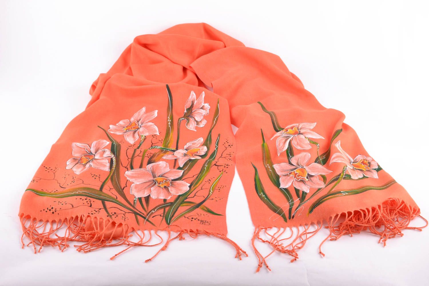 Warm coral cashmere scarf with painting photo 4