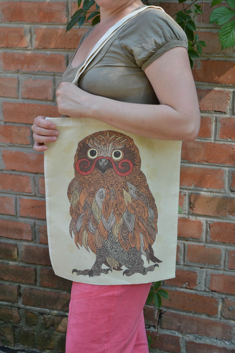 Handmade designer women's fabric bag with image of brown owl photo 1