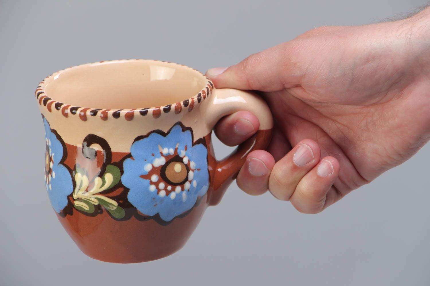 8 oz clay glazed coffee cup with handle and blue flower pattern photo 5