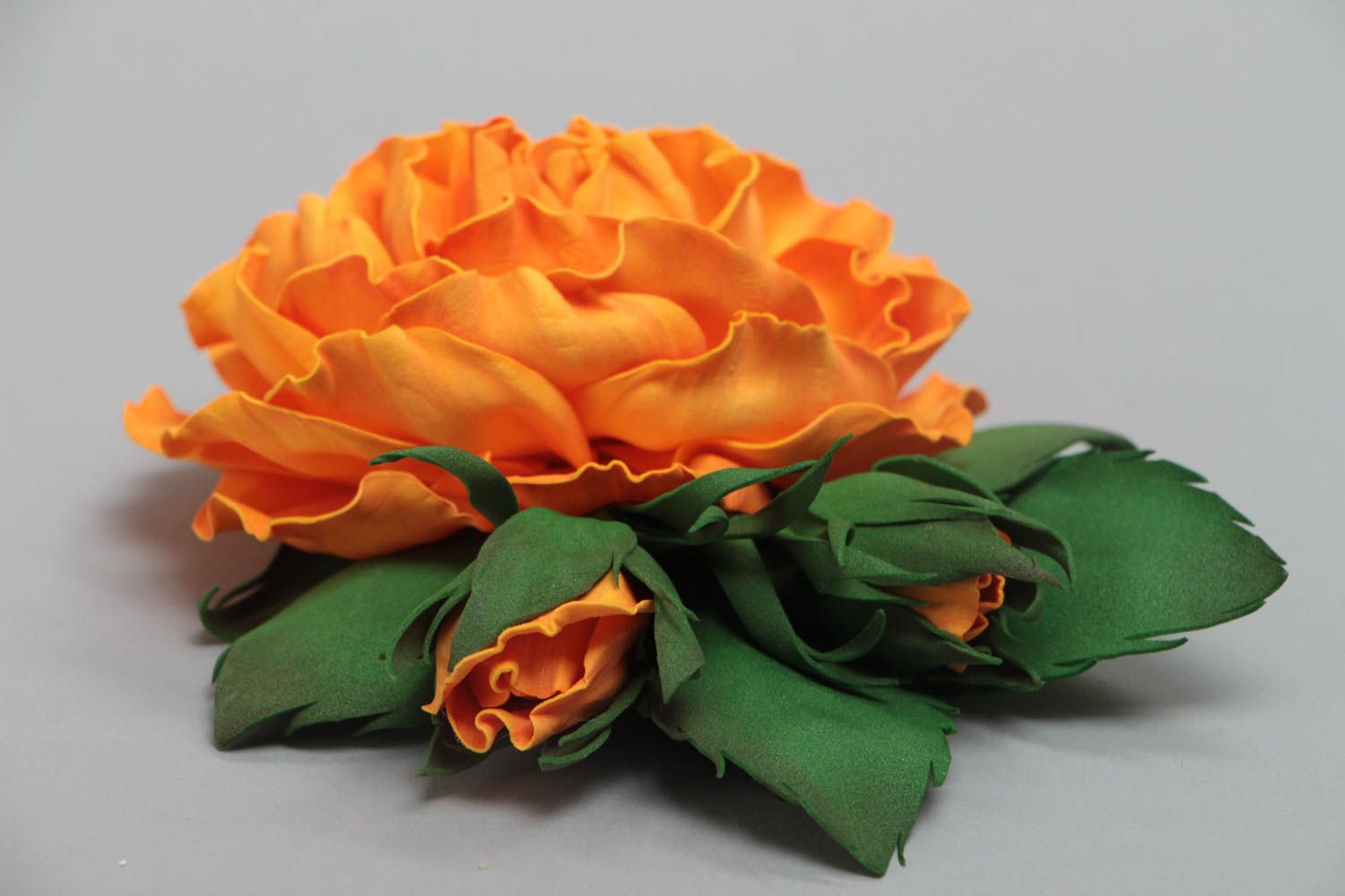 Handmade designer brooch with large volume orange flower molded of plastic suede photo 2