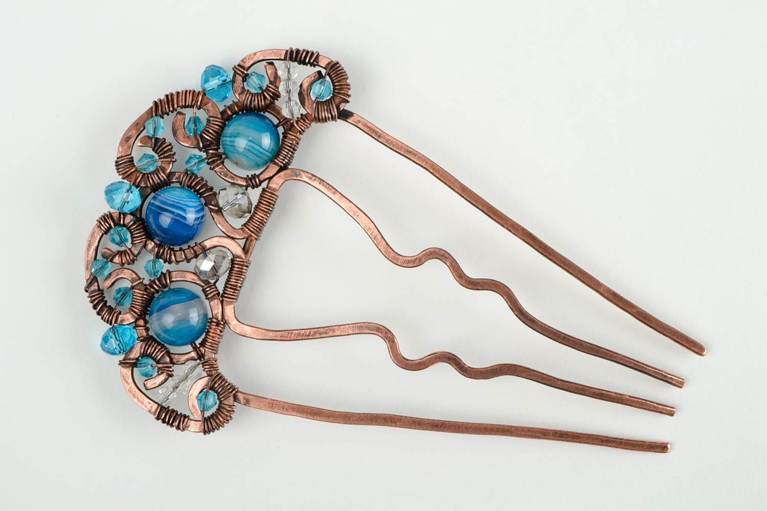 Handmade Haarspange mit Perlen in Blau Kupfer Schmuck Accessoire für Haare foto 3