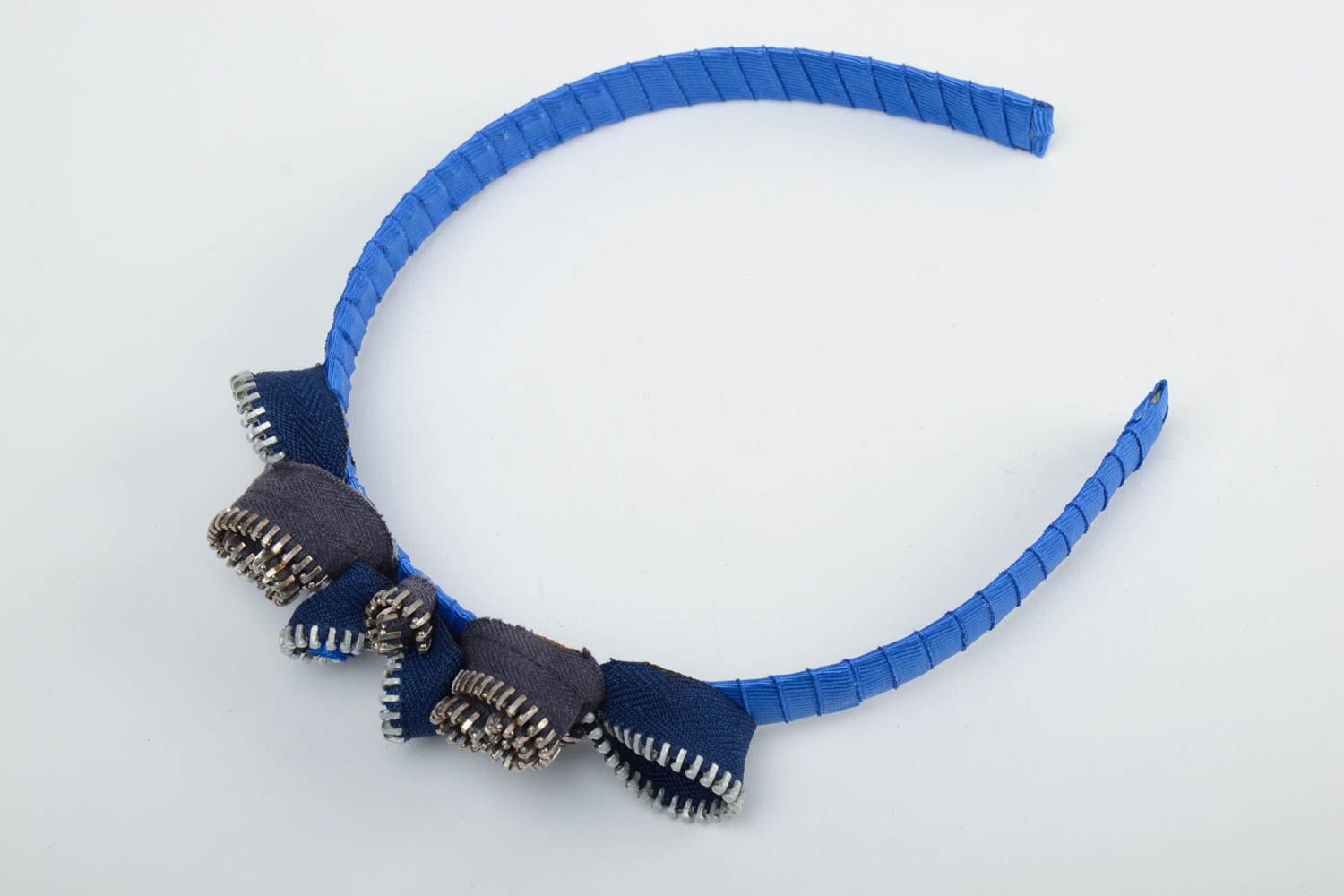 Beautiful handmade elegant hairband blue bow with zipper stylish trendy accessory photo 4
