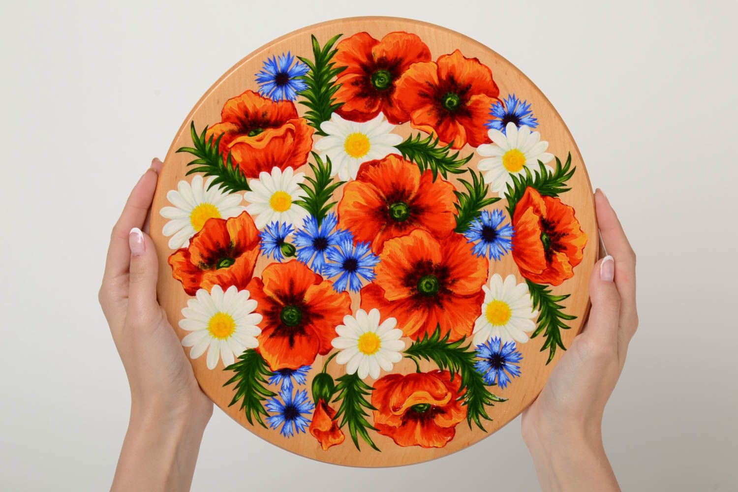 Jolie assiette en bois peinte décorative murale faite main grande Fleurs photo 5