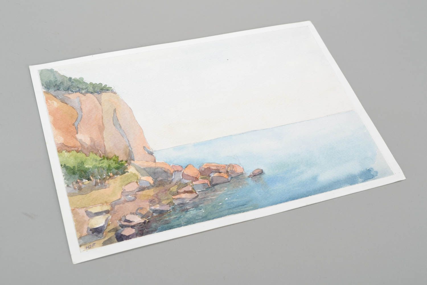 Картина акварелью Скалы над морем фото 2
