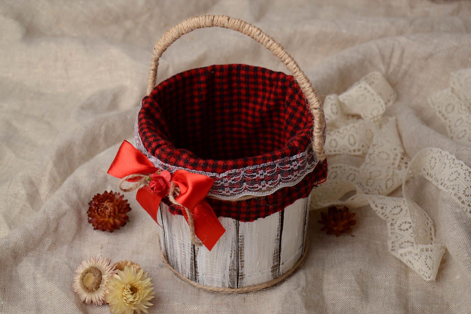 Handmade small decorative bucket with red fabric inside with bow and lace  photo 1