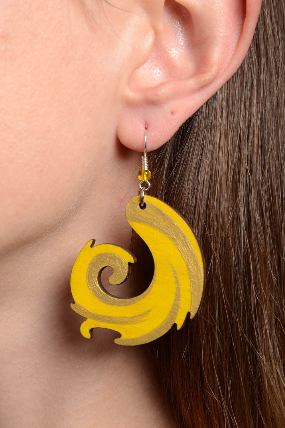 Handmade designer bright painted plywood dangling earrings in yellow color shade photo 2