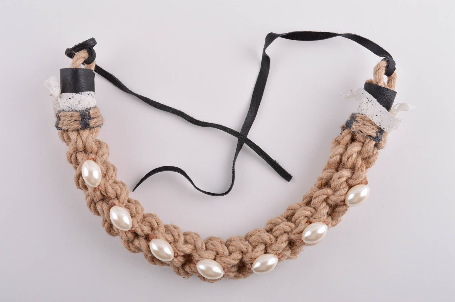 Necklace with artificial pearls handmade cord necklace leather accessories photo 5