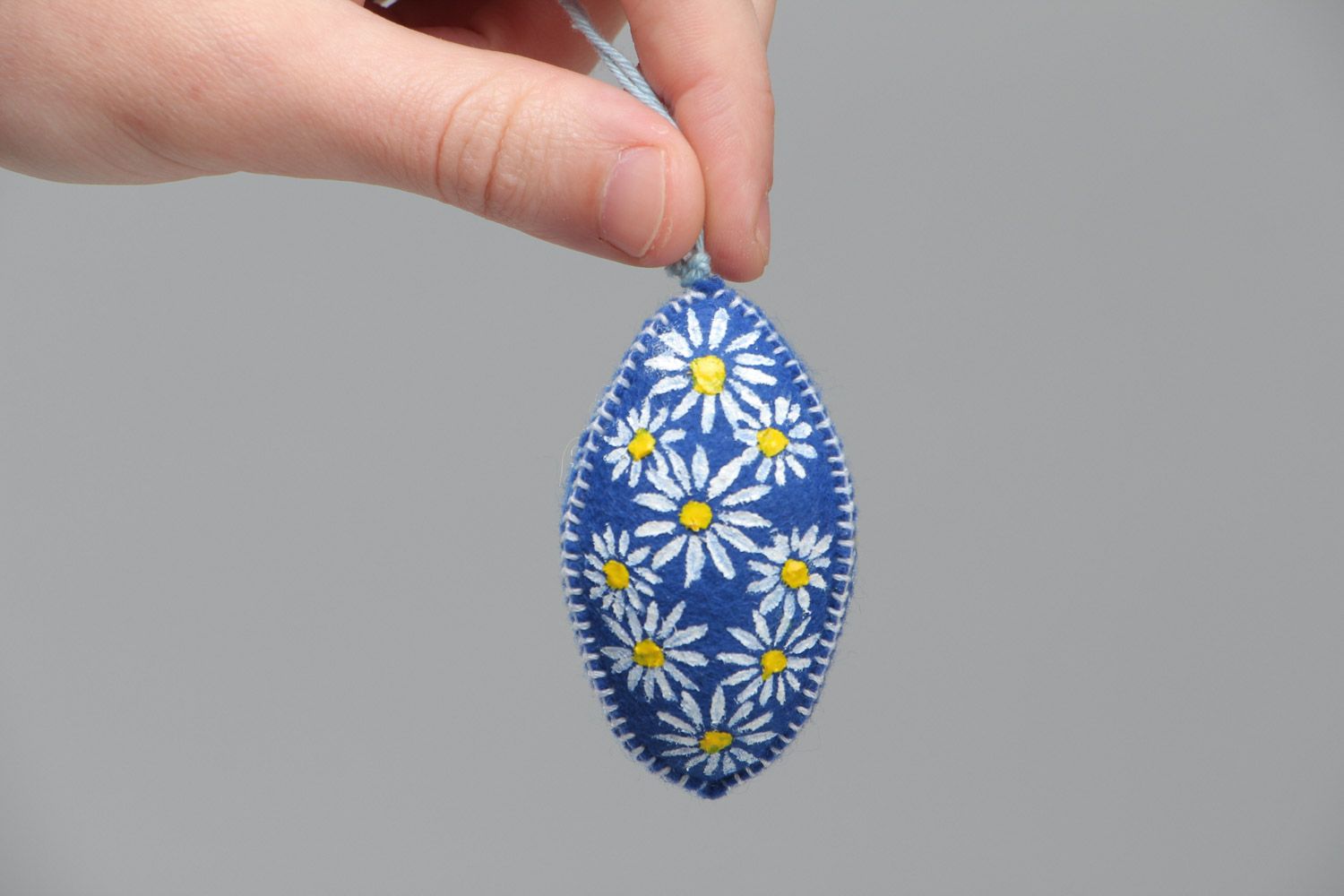 Handmade wall hanging Easter egg sewn of bright blue felt painted with flowers  photo 5