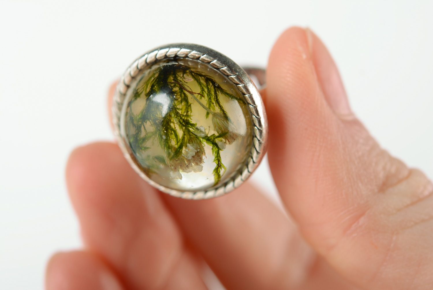 Round handmade ring with real plants coated with epoxy Moss and Yarrow photo 4