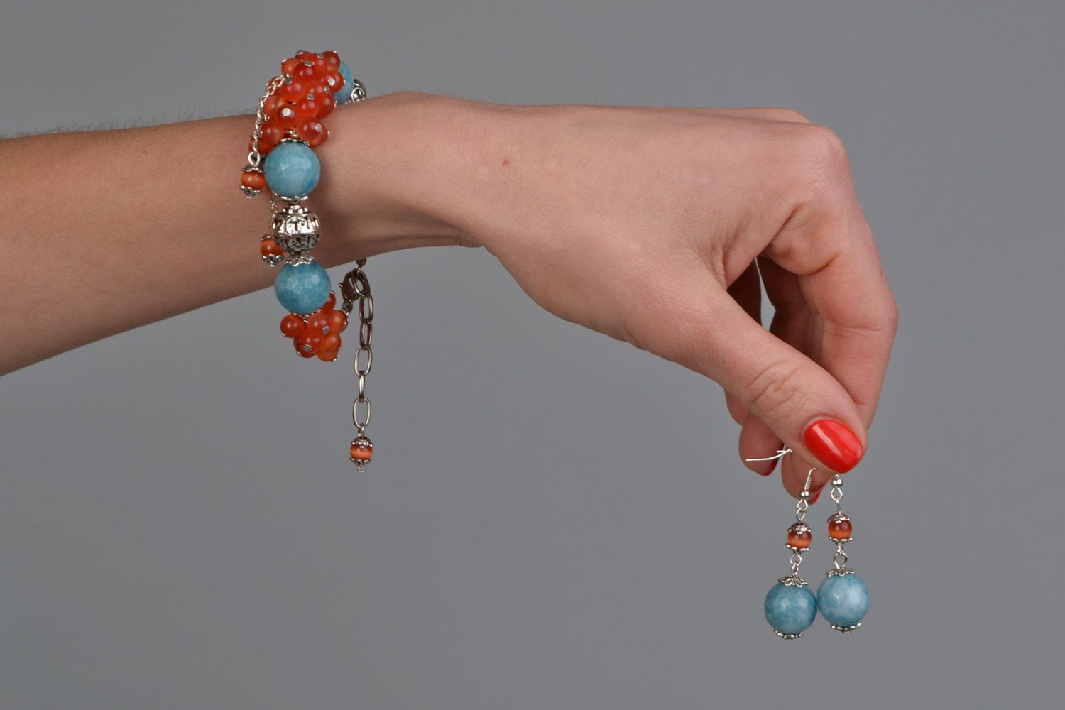 Handmade natural stone jewelry set 2 items wrist bracelet and earrings Lady photo 2
