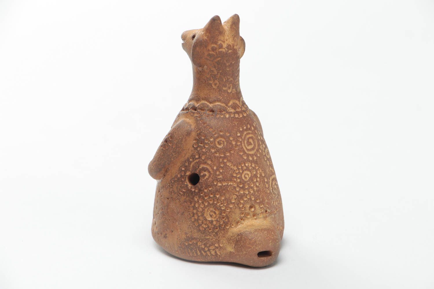 Handmade decorative cute brown ceramic ocarina in the shape of small goat photo 3