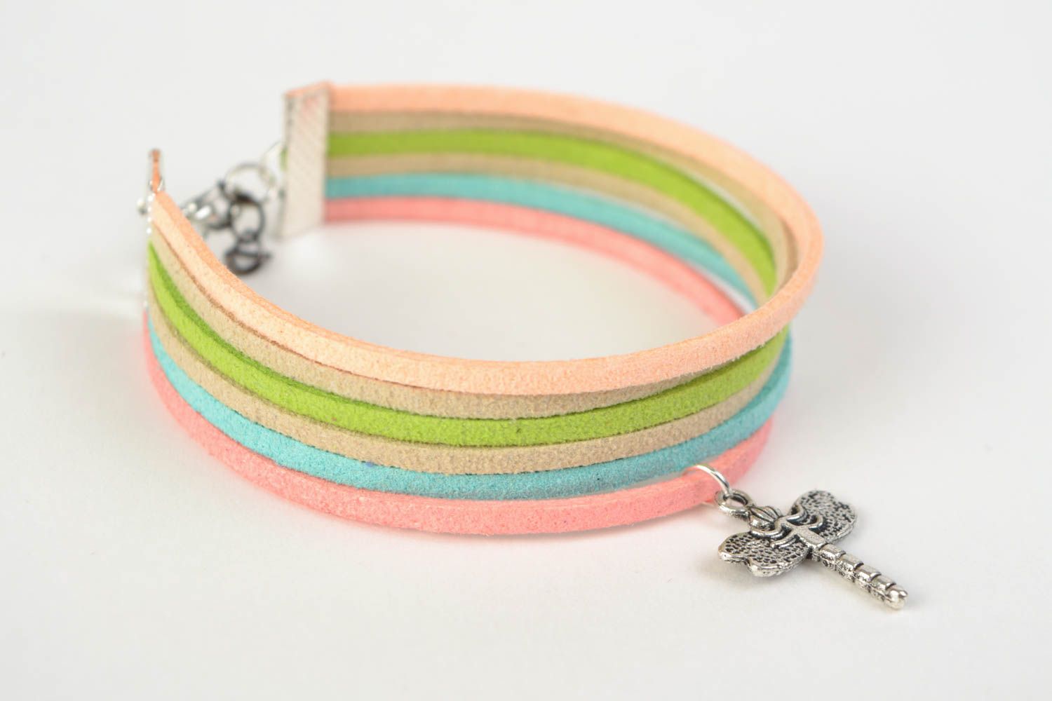 Colorful handmade woven suede bracelet with metal charm in the shape of dragonfly photo 3