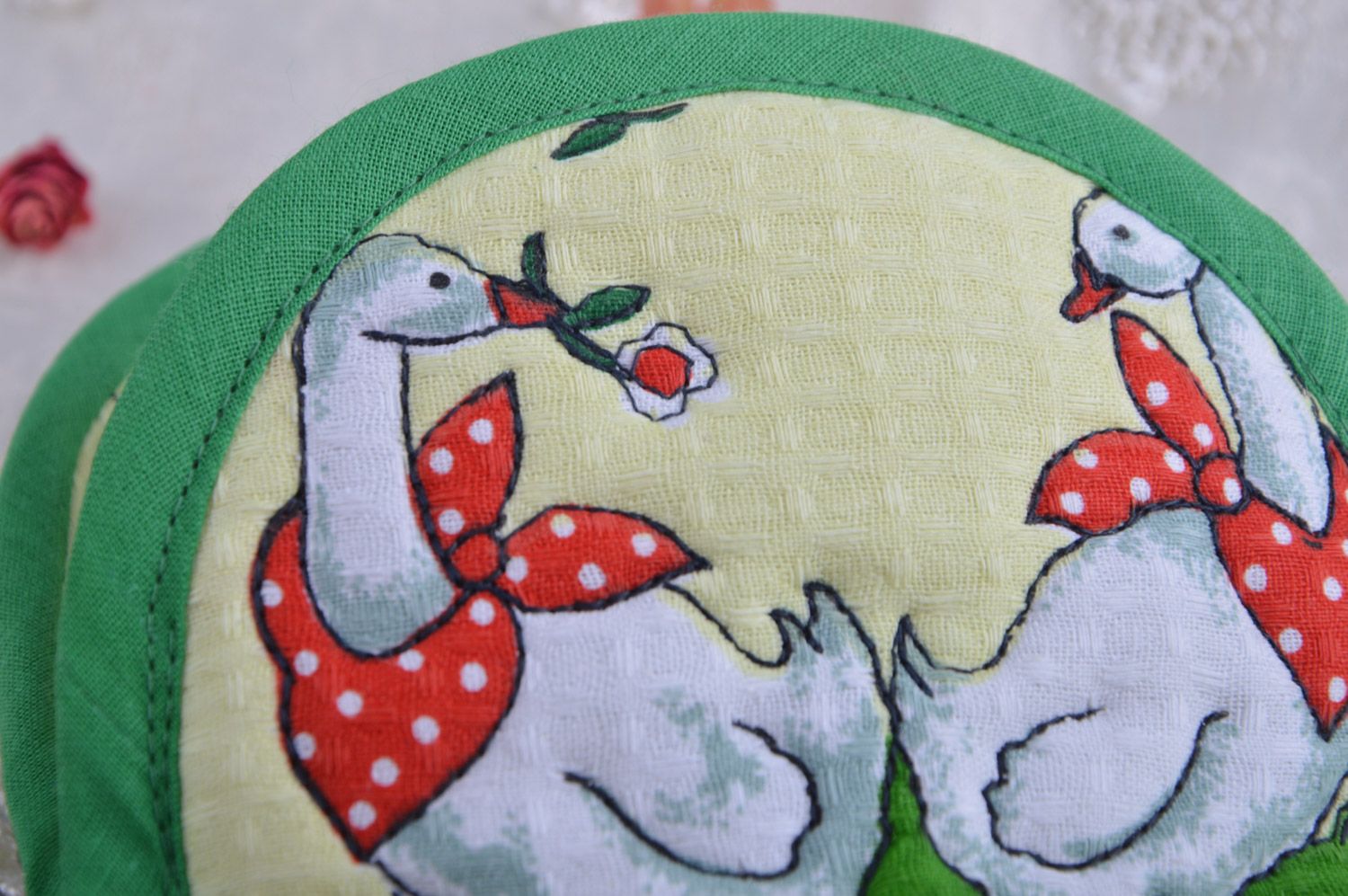 Cute handmade oven mitten sewn of colorful cotton fabric with geese image   photo 4