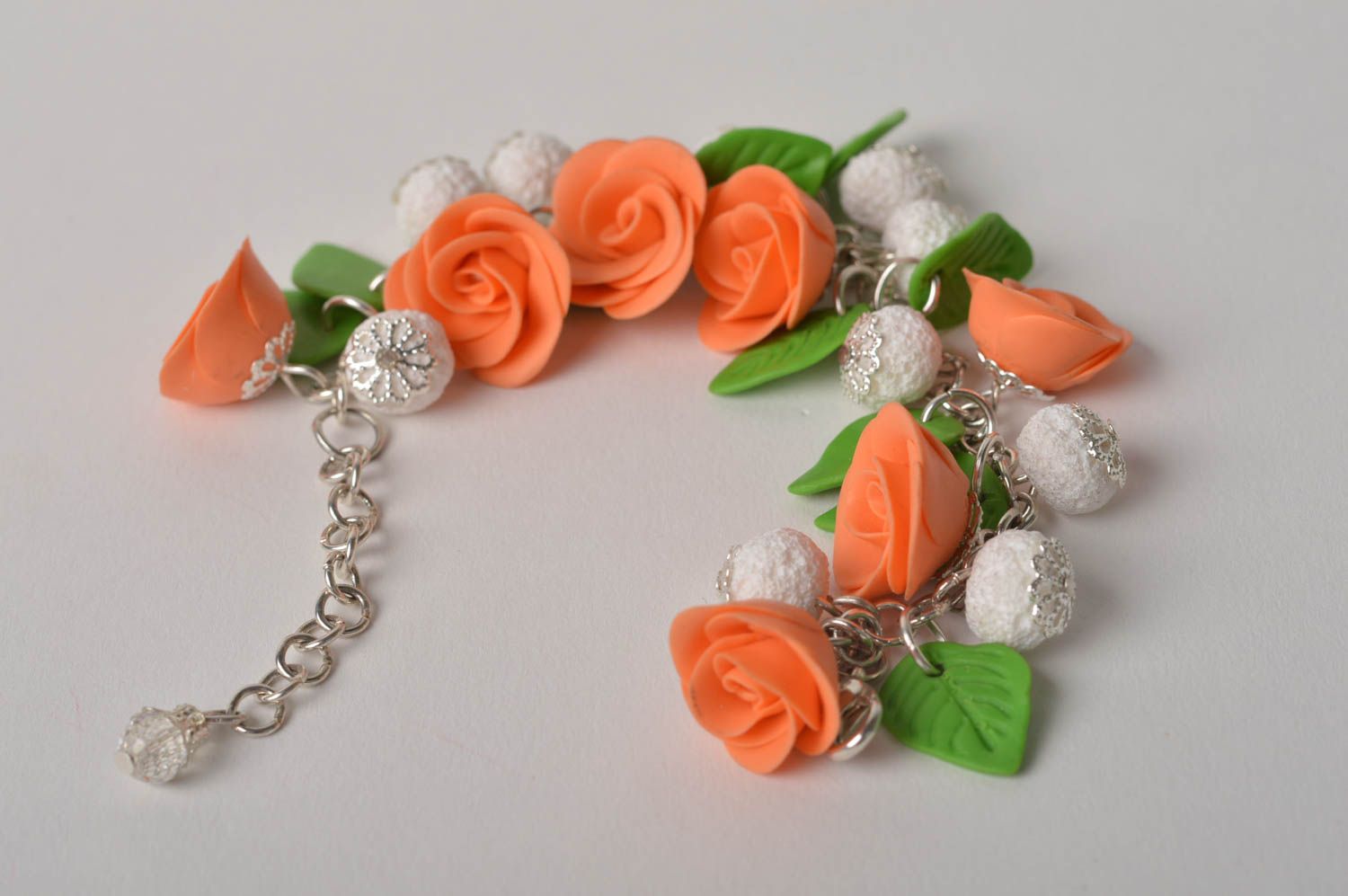 Bracelet avec fleurs orange Bijou fait main pâte polymère Cadeau pour femme photo 5