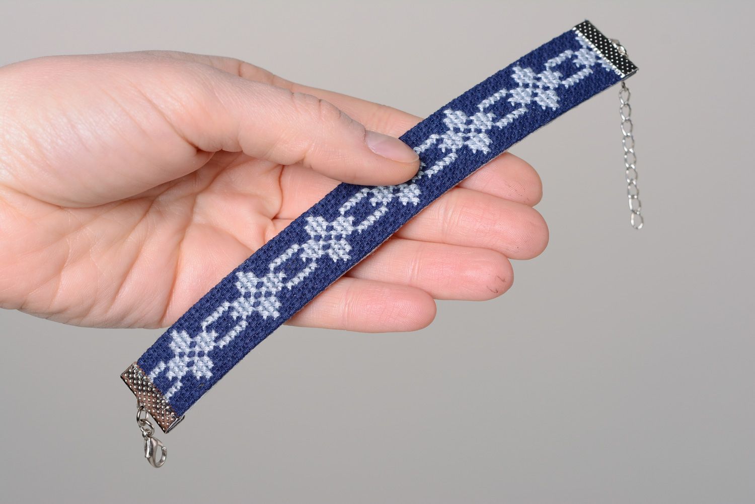 Handmade women's wrist embroidered bracelet in ethnic style in blue color palette  photo 4