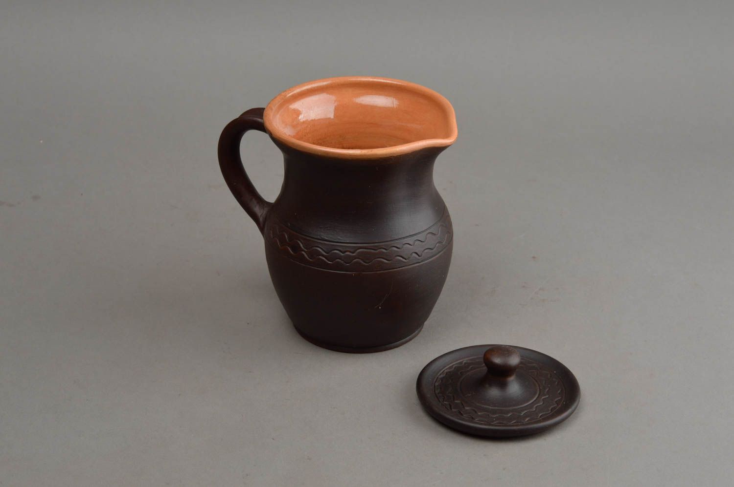 Cruche céramique avec couvercle faite main marron ornementée 50 cl ethnique photo 7