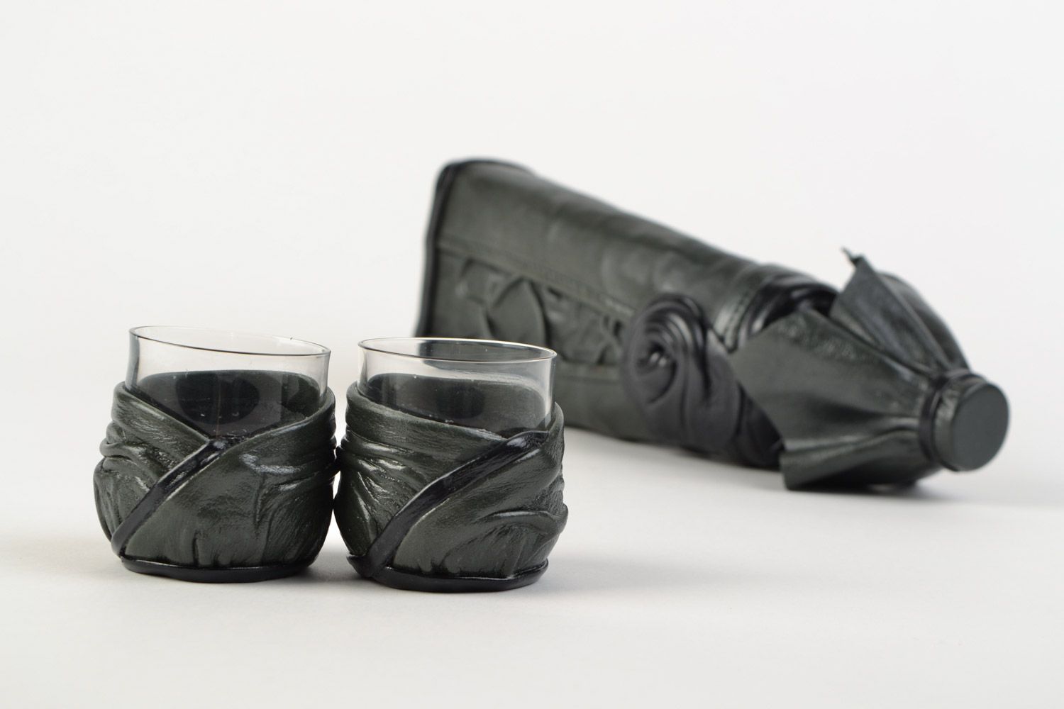 Set of handmade collectible bottle and 2 shot glasses decorated with leather for gift photo 3