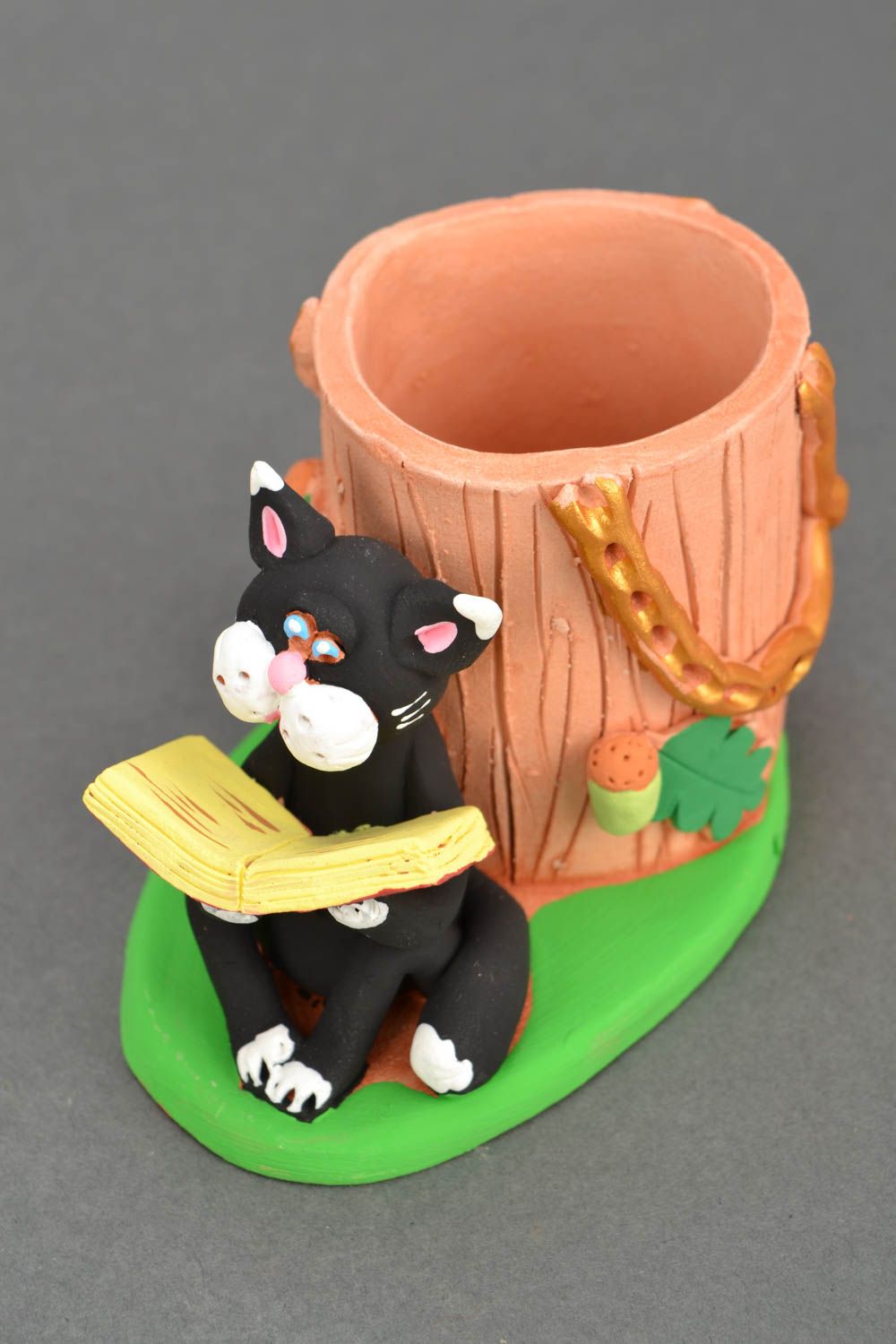 Porte-crayon en céramique fait main avec chat photo 3