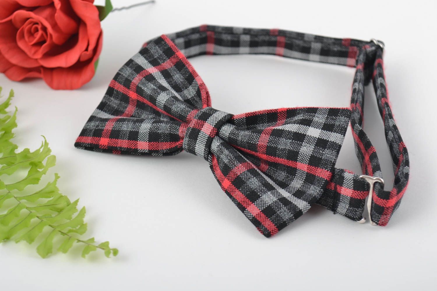 Unusual beautiful handmade designer checkered fabric bow tie adjustable photo 1