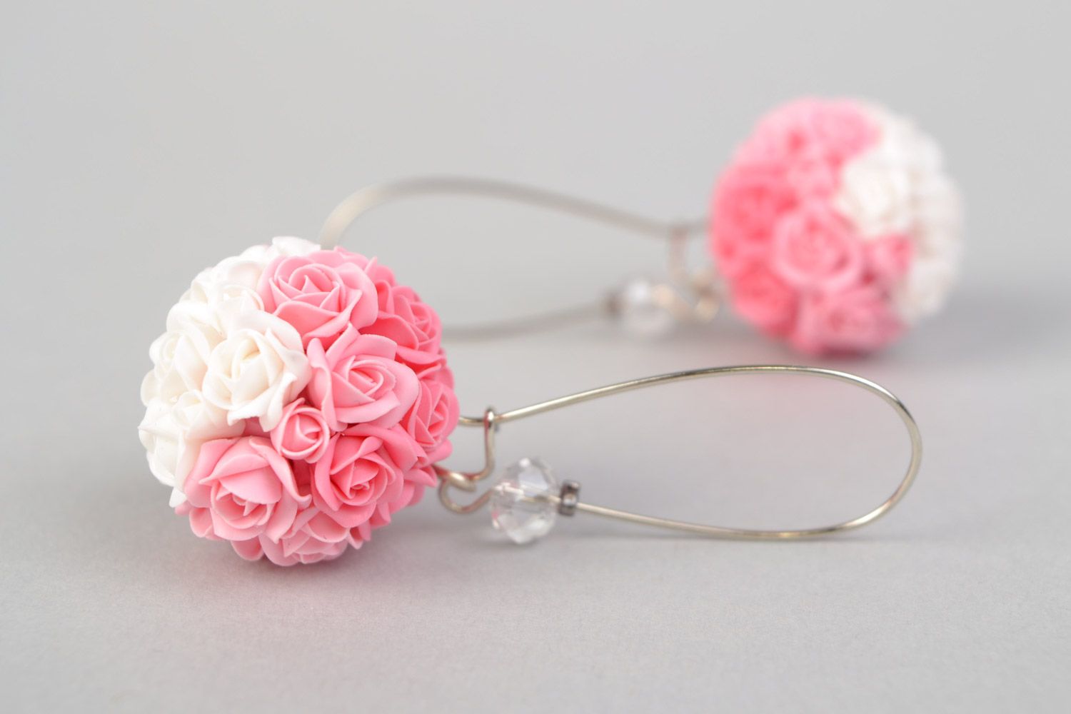 Handmade long delicate earrings made of polymer clay in the form of bouquets of roses photo 5