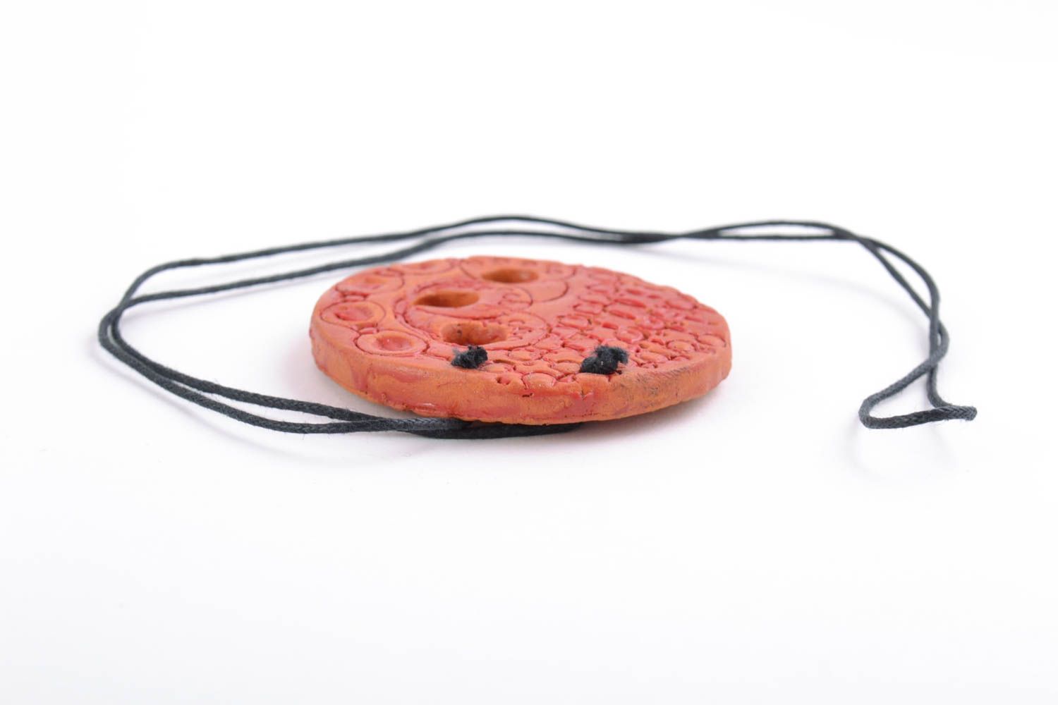 Handmade clay pendant round orange accessory with ornament on long cord photo 5