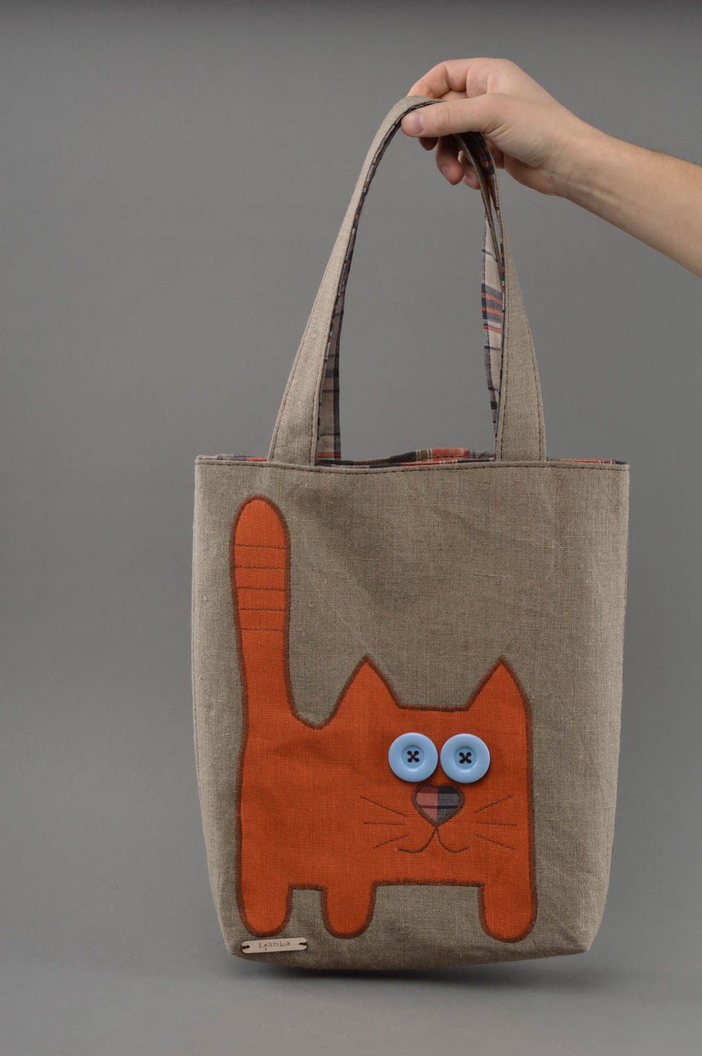 Homemade designer linen fabric bag with two handles gray with cat applique work photo 4
