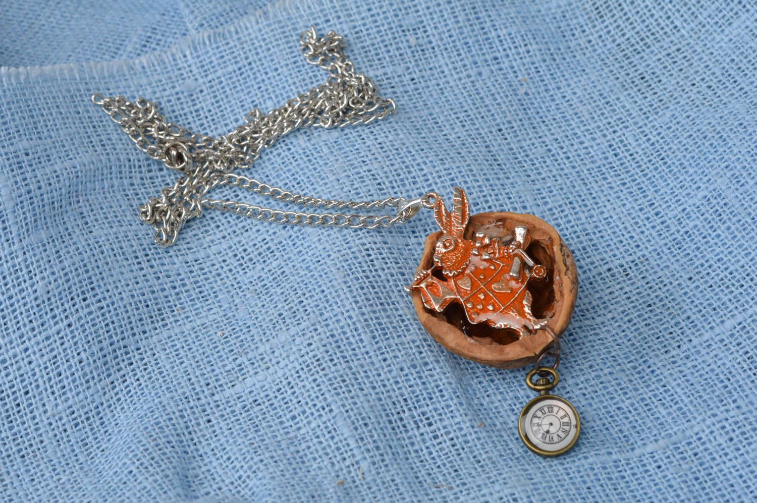 Handmade pendant made of nut with metal rabbit with clock Rabbit of time photo 2