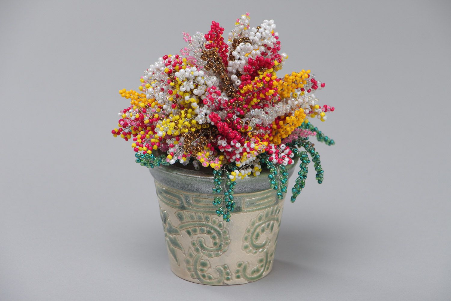Ceramic pot with handmade woven beaded flowers for home decor photo 2