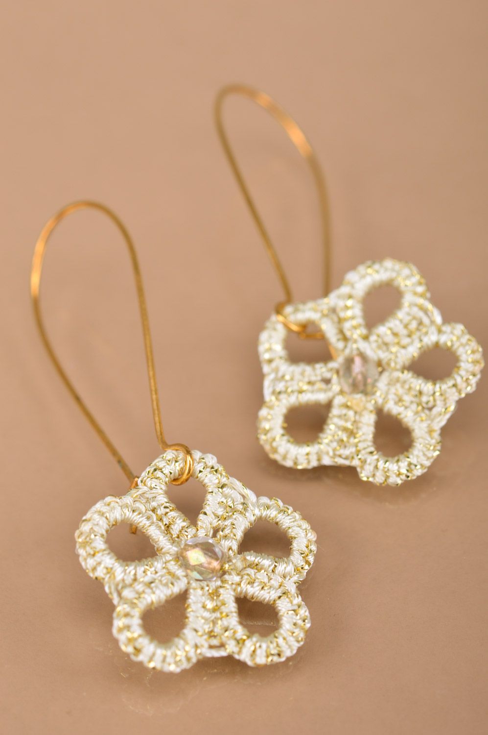Handmade ankars tatting earrings woven of satin threads of gold color photo 3