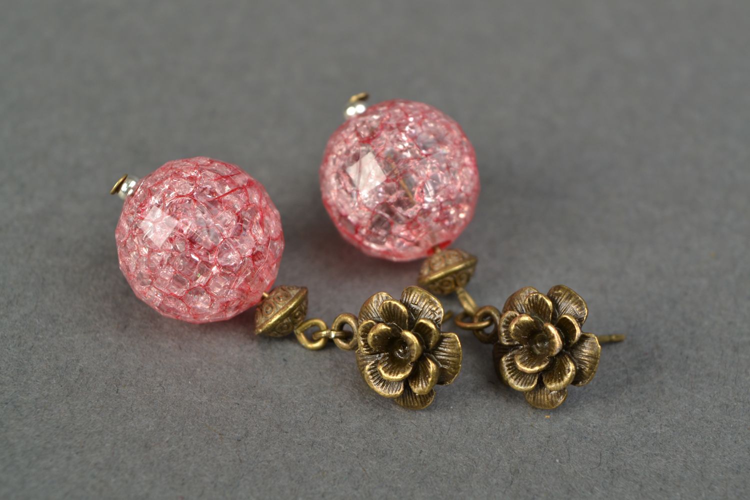Beaded stud earrings with charms Pink Balls photo 3