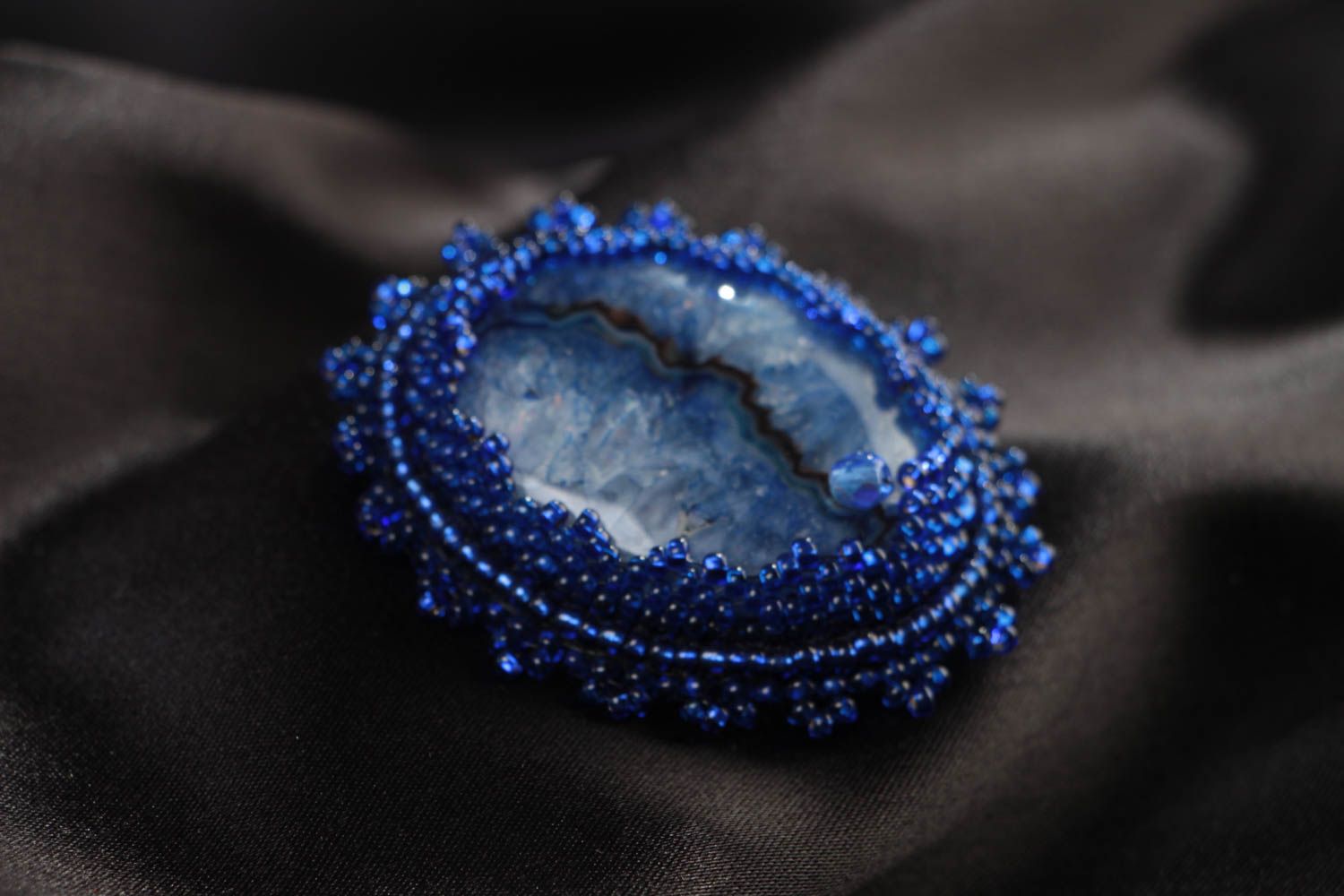 Women's blue handmade brooch with Czech beads and natural agate stone photo 1