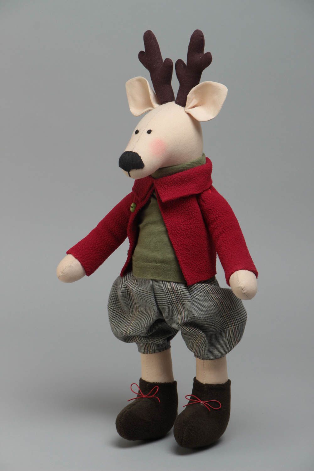 Handmade designer fabric soft toy Deer in red jacket for kids and interior decor photo 2