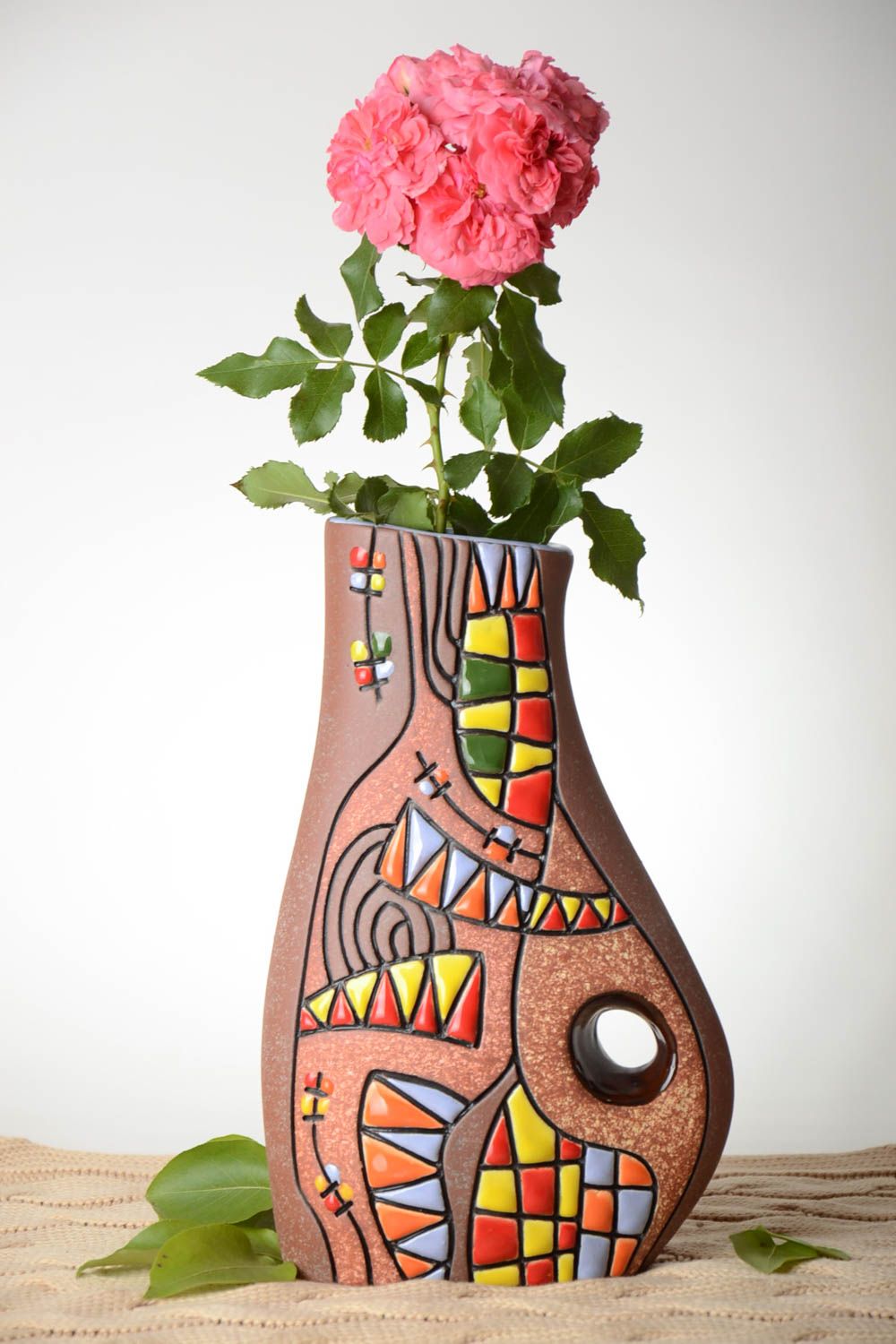 Vase argile fait main Déco maison marron avec ornements Cadeau original photo 1
