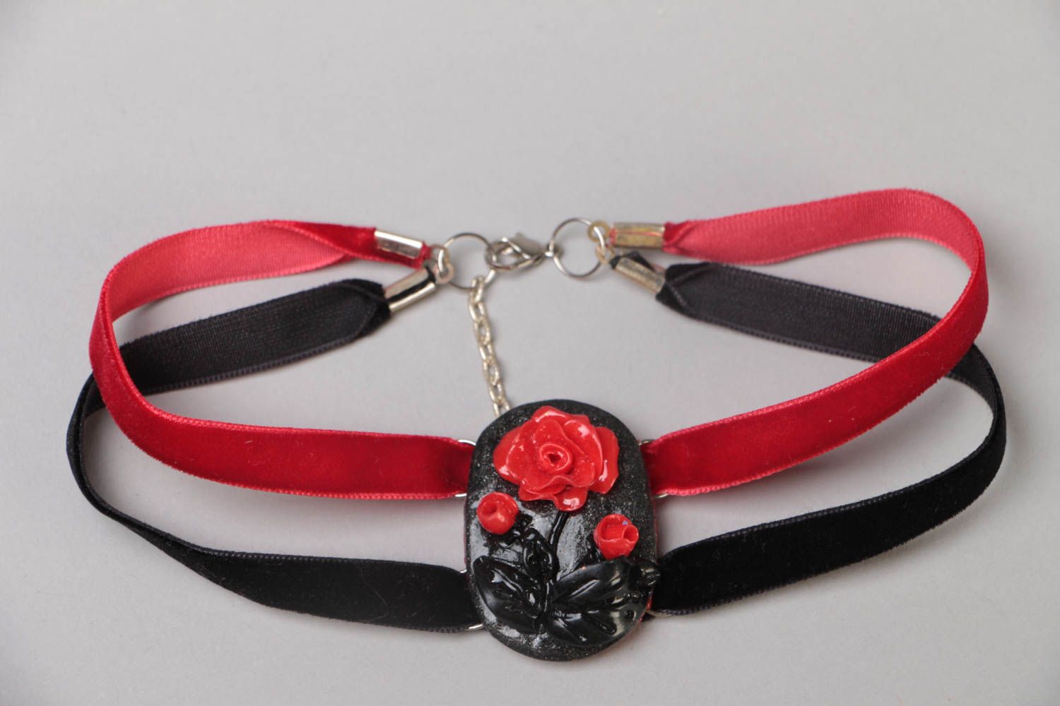 Handmade black and red collar necklace with ribbons and polymer clay element  photo 2