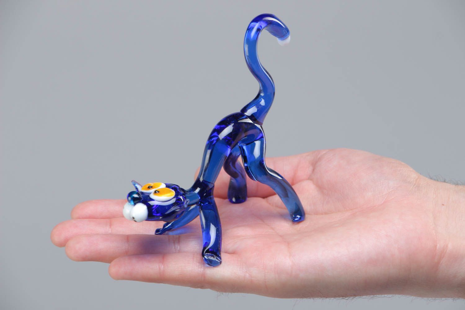 Handmade collectible lampwork glass miniature animal figurine of blue cat photo 5
