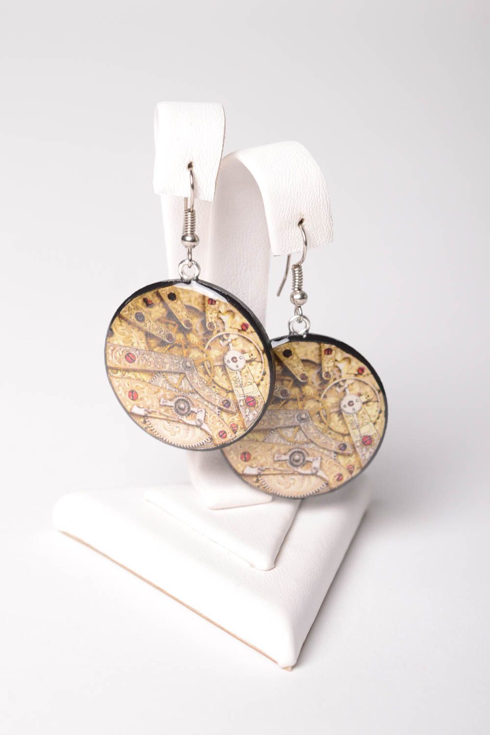 Trendy earrings handmade accessories round decoupage earrings with watch parts  photo 3