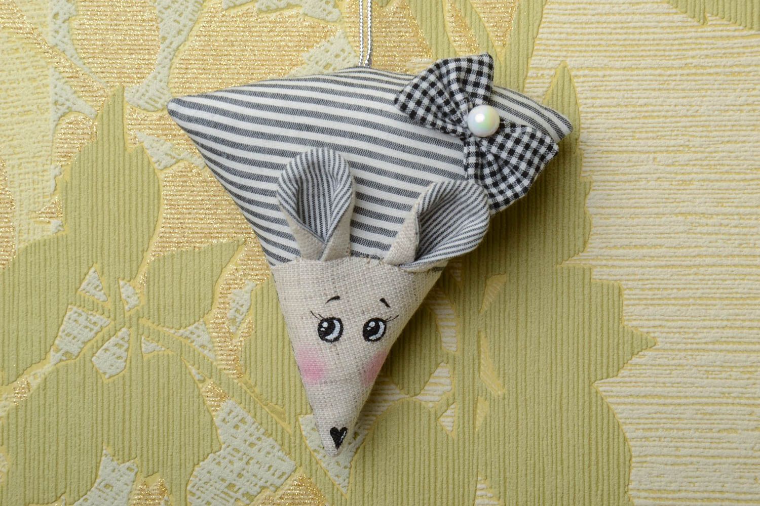 Handmade small decorative wall hanging soft toy mouse sewn of striped fabric  photo 1