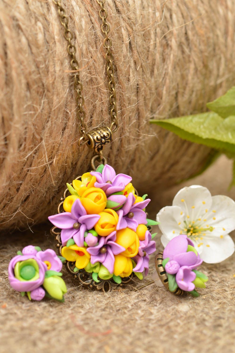 Set of handmade bright floral polymer clay jewelry necklace and stud earrings photo 1