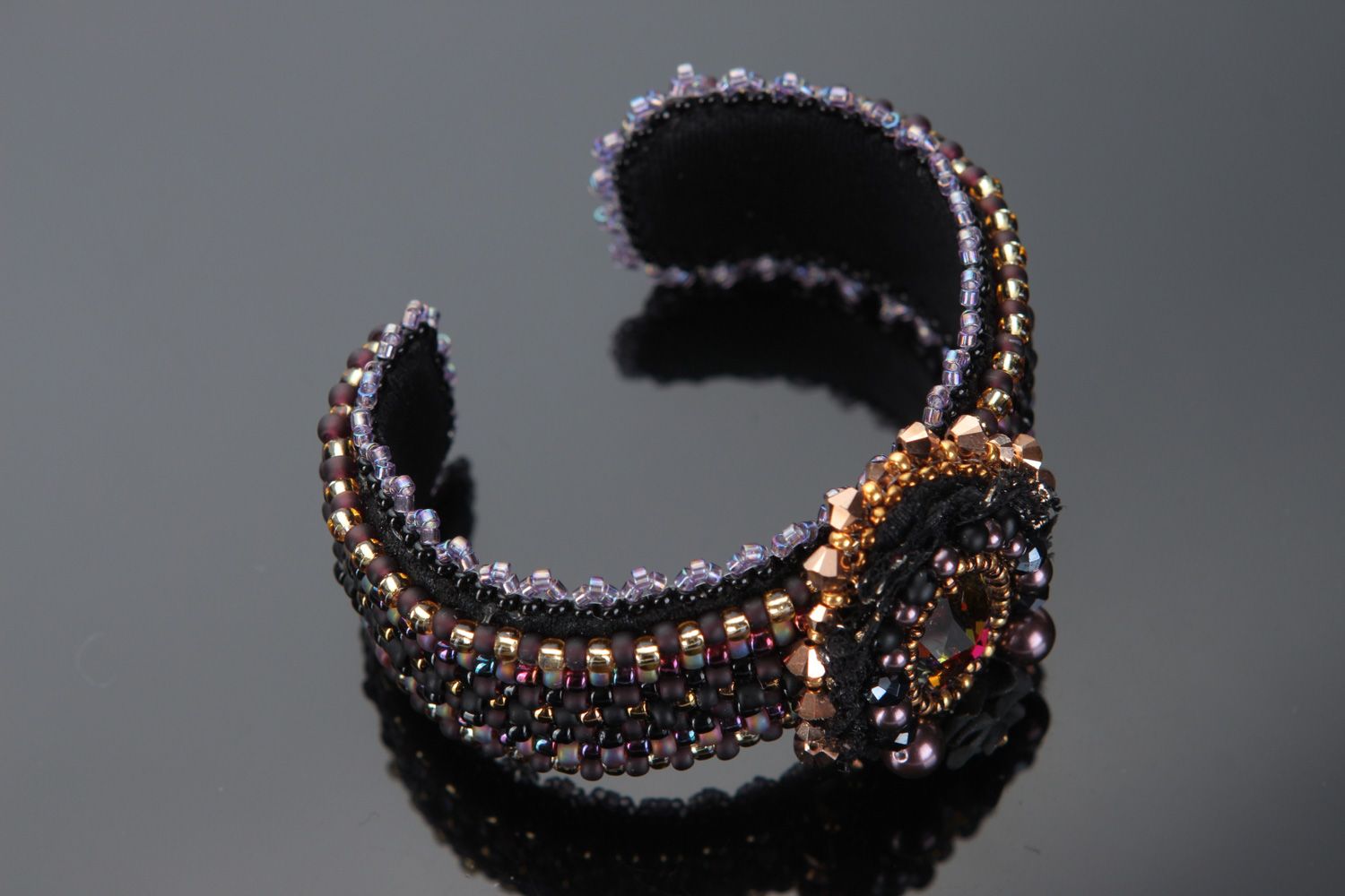 Elegant handmade wrist bracelet embroidered with beads and crystals for ladies photo 3