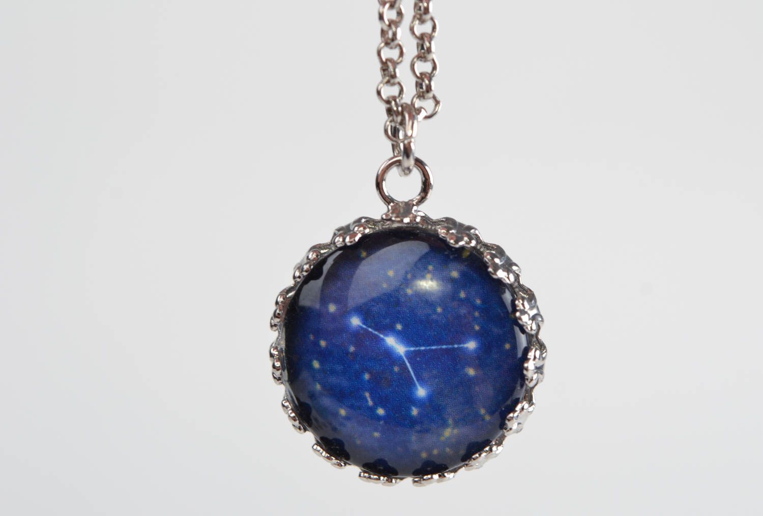 Homemade designer small round blue pendant with glass Cancer constellation photo 4